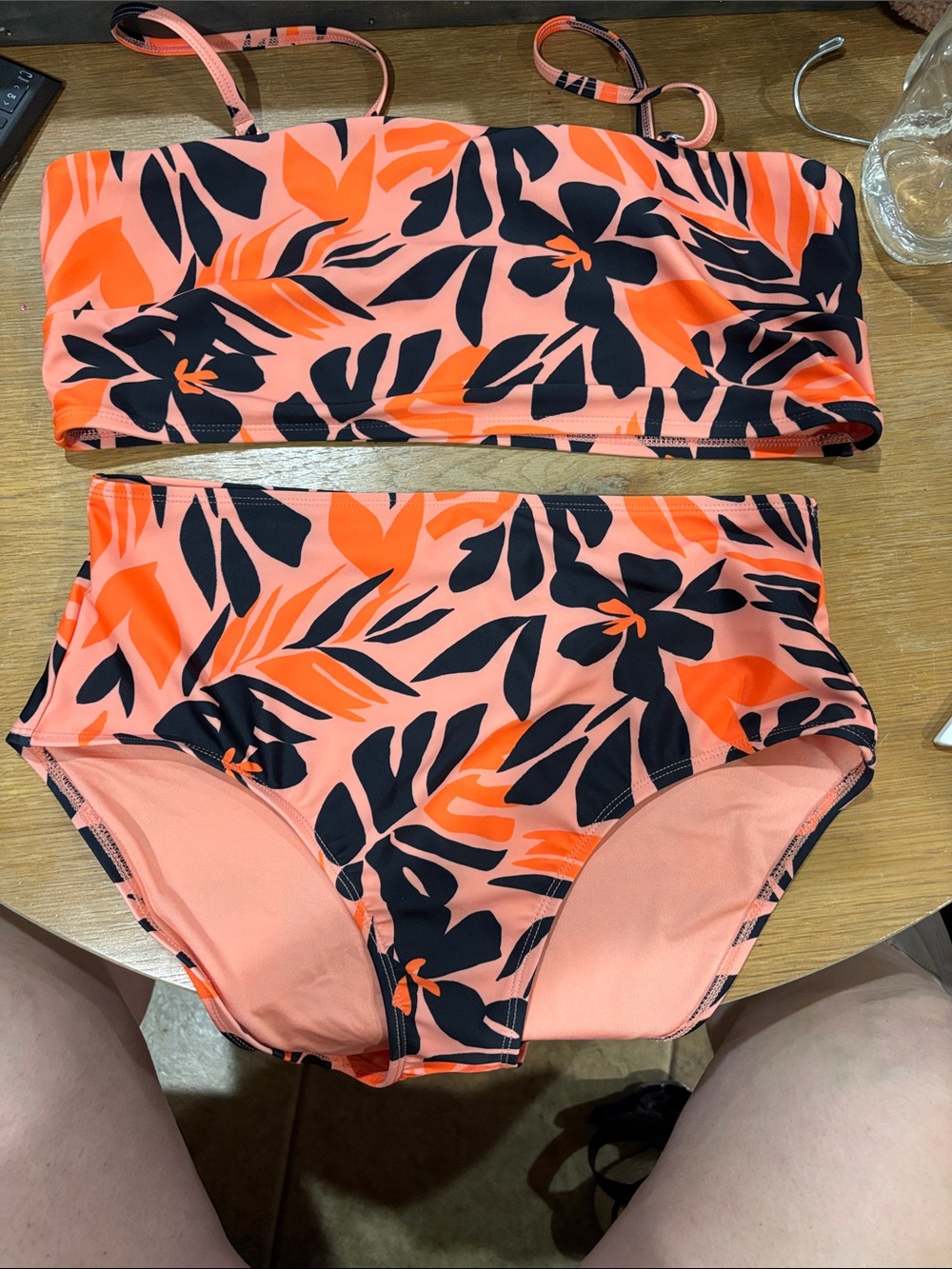 Old Navy Coral and Black Floral Bandeau Bikini Set